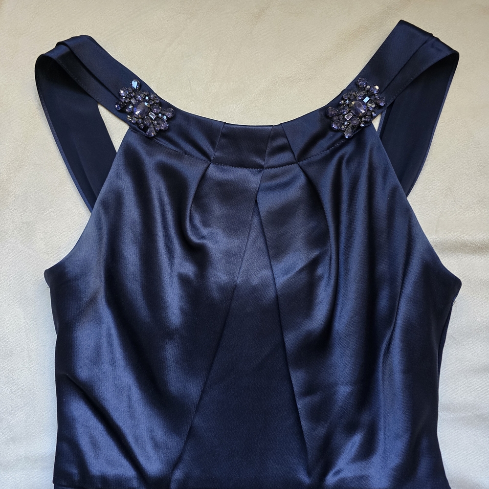Vera Wang Navy Blue Satin Dress 10 Embellished Collar Rhinestones